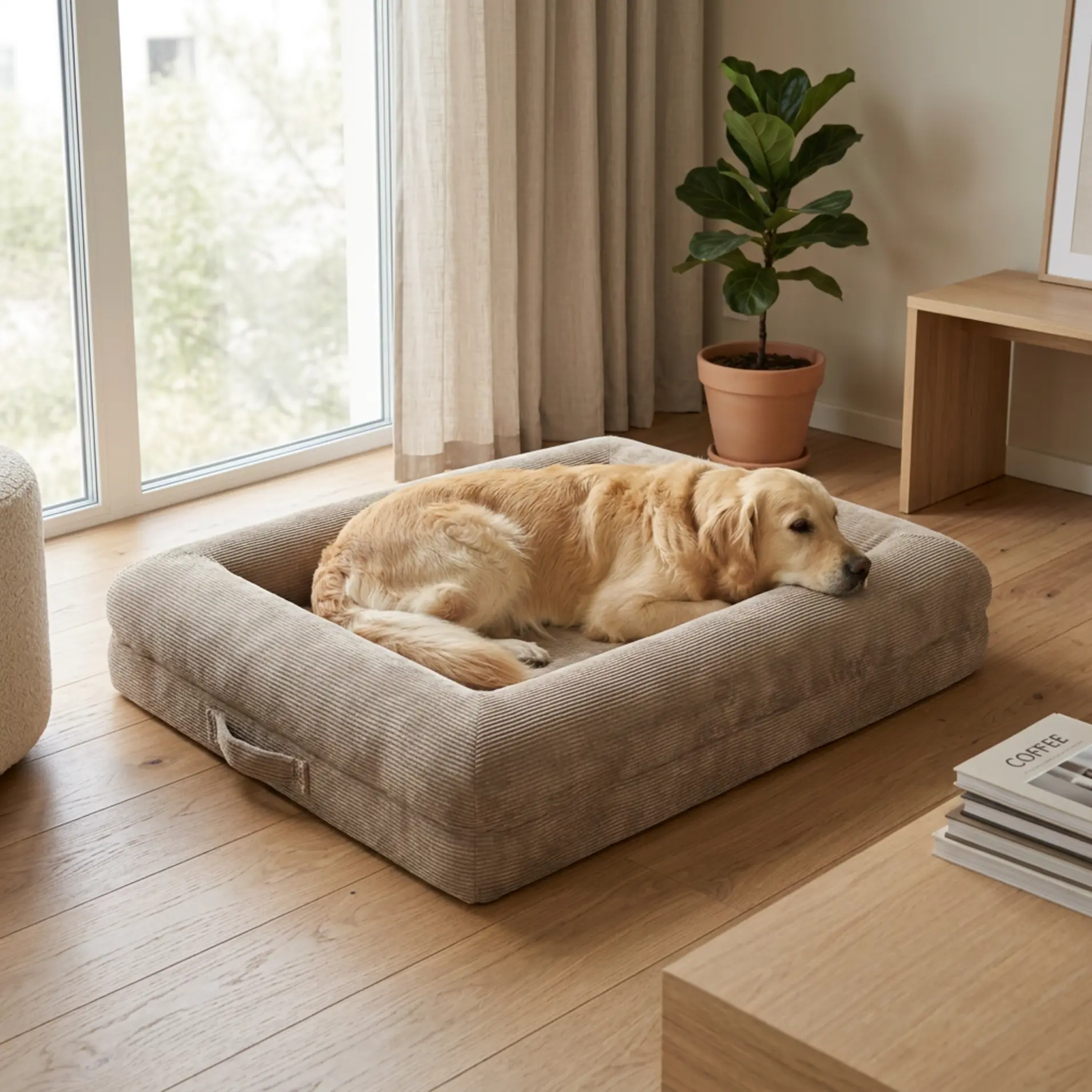 Behave corduroy hondenbed naast een bank in een woonkamer