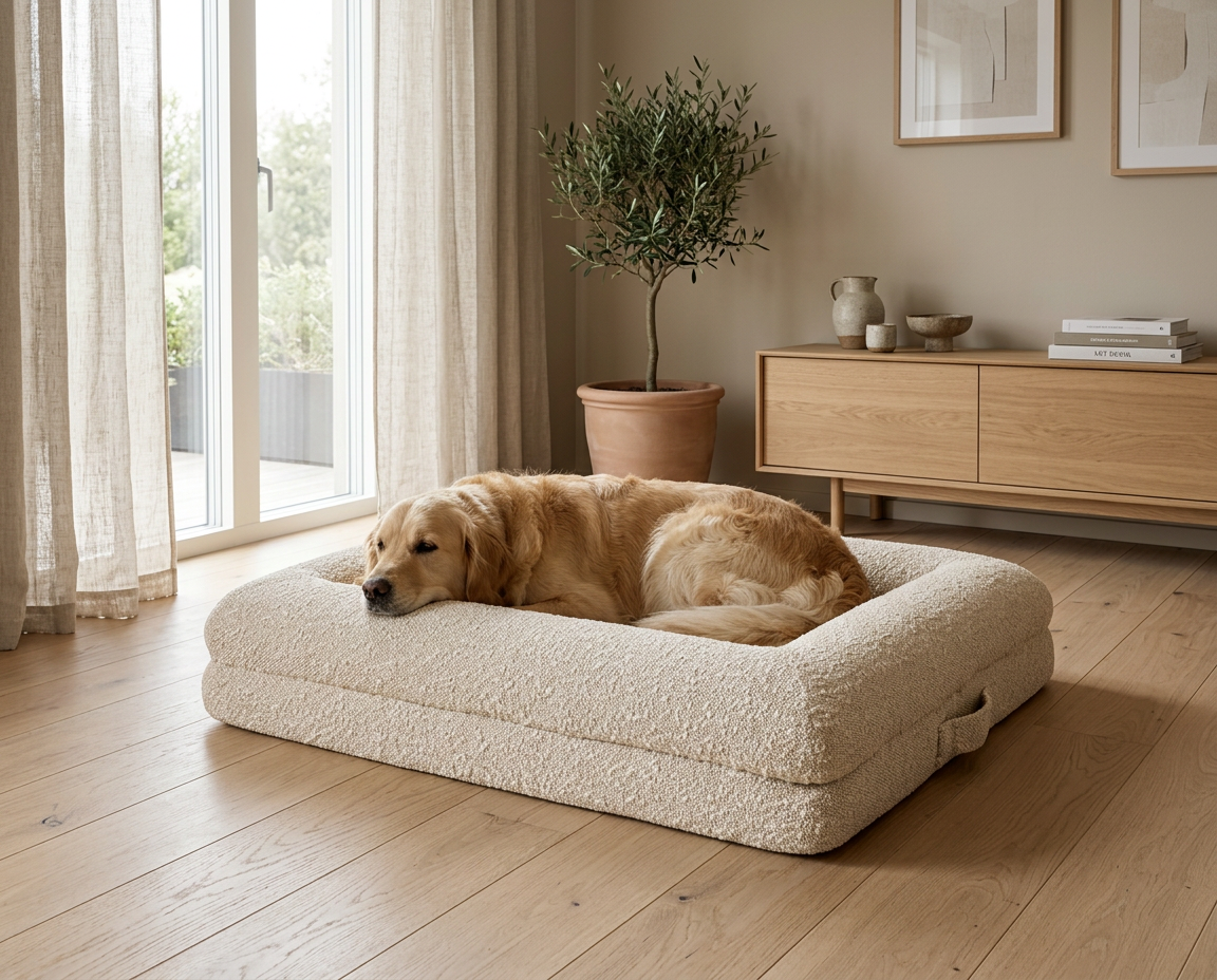 Behave bouclé hondenbed in een woonkamer