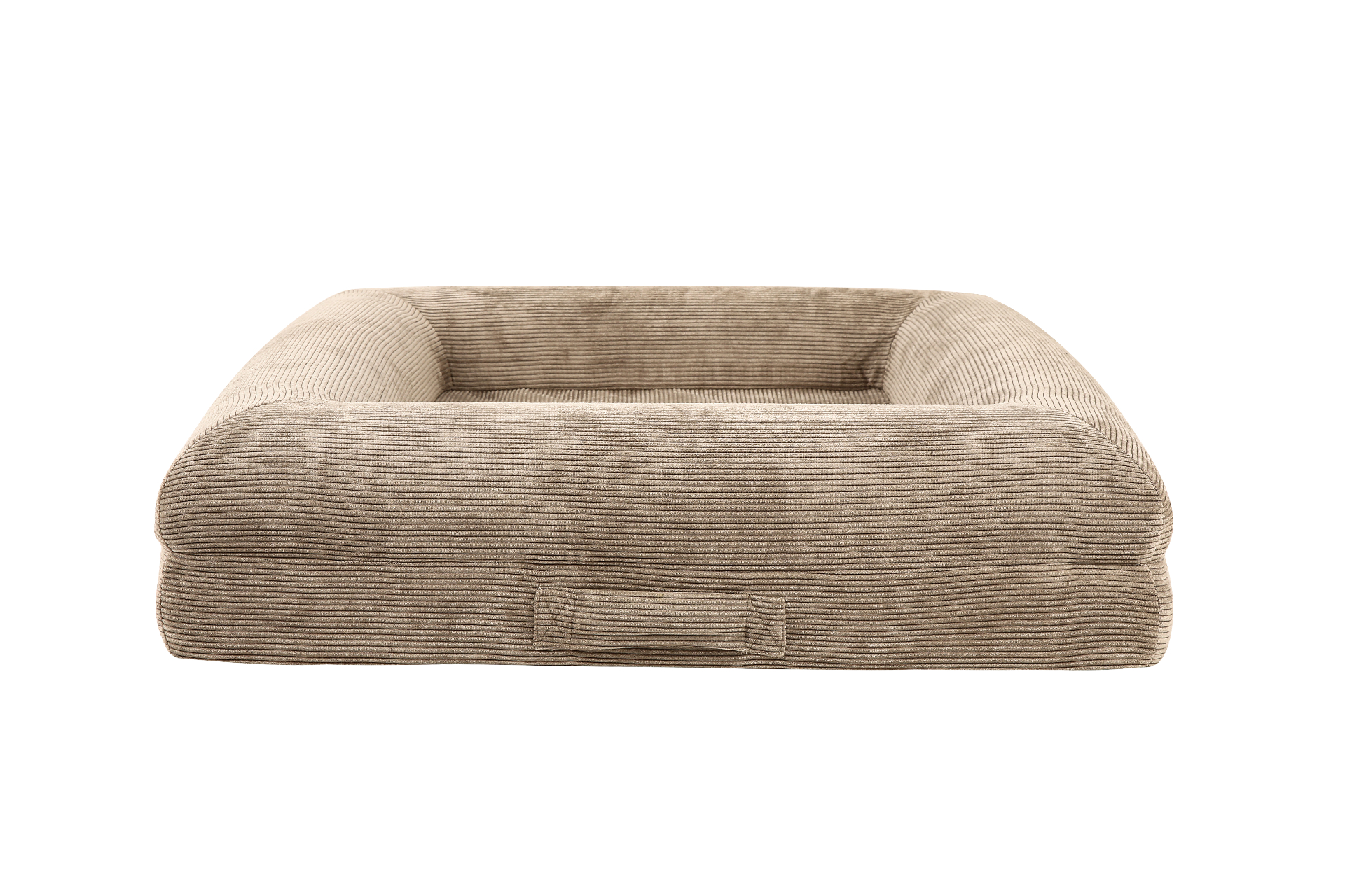 Behave corduroy hondenbed naast een bank in een woonkamer